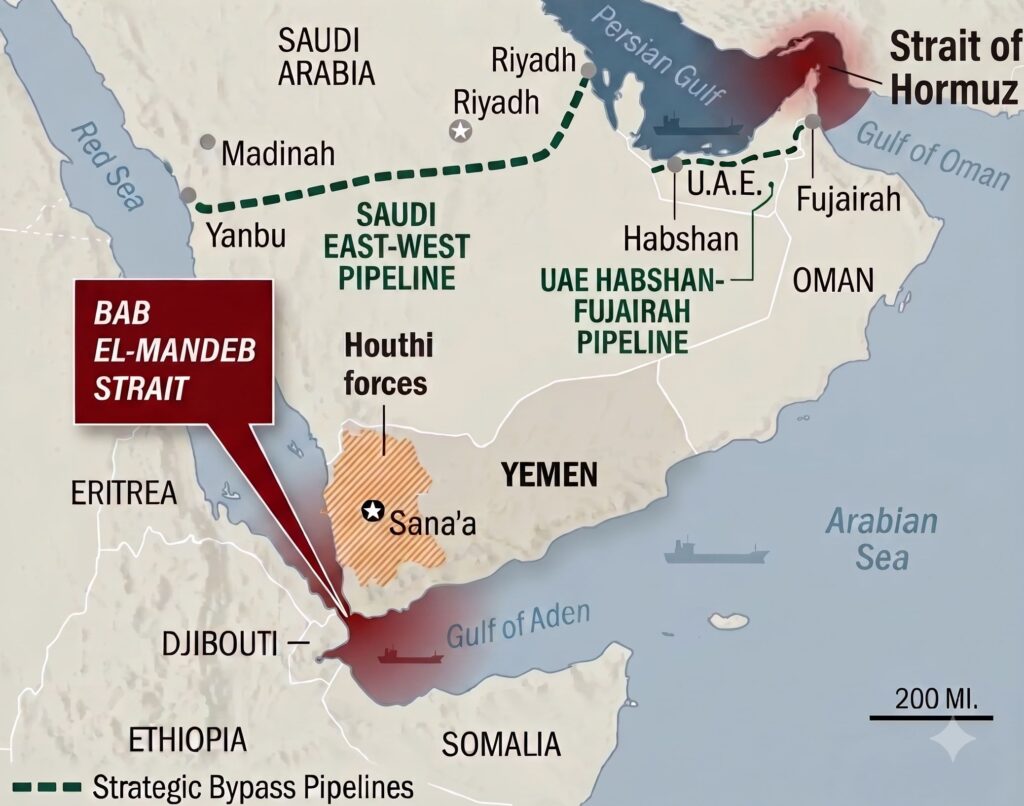 호르무즈 해협, Bab el-Mandeb 해협 및 사우디와 UAE의 우회 파이프라인